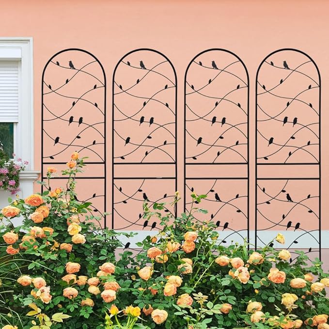 Heavy-Duty Metal Garden Trellis for Climbing Plants – Rust-Resistant Outdoor Flower Support with Decorative Bird Design (4 Pack-H71)