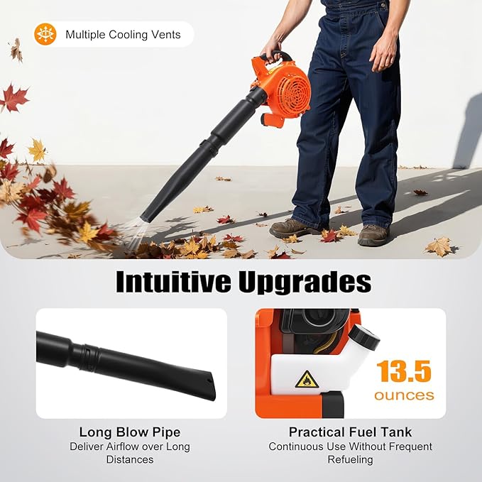 25.4cc 2-Cycle Gas Handheld Leaf Blower Light Gas Blower w/0.4L Fuel Tank 424CFM 152MPH Low Vibration and Cruise Control Powerful Blowers for Lawn Yard Care(25.4cc 2-Stroke)