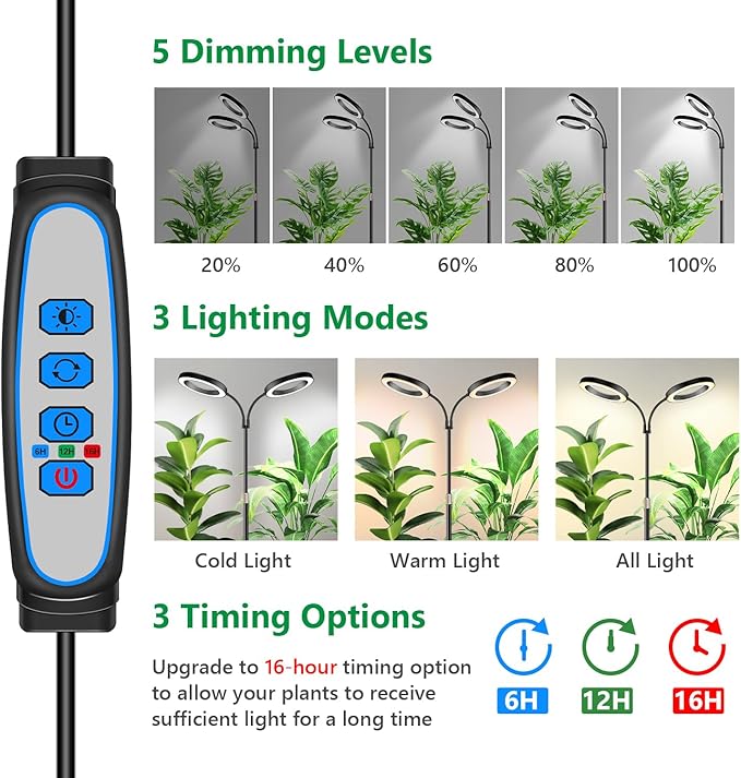 Large Plant Light for Indoor Plants 2 Head Full Spectrum Grow Light with 68 Adjustable Stand for Growing Large Tall Plants Black Halo Floor LED Grow Lamp with 16 Hour Timer