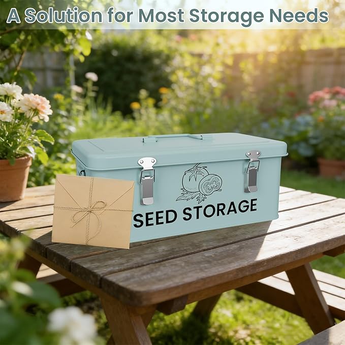 Seed Storage Organizer Box Metal Seed Box Garden Seed Organizer with Lid Seed Containers Storage with 5 Compartments 30 Seed Holder Organizers 100pcs Seed Envelopes (Blue)