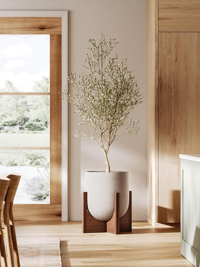 LE TAUCI 10 Inch Planter with Acacia Wood Stand Ceramic Planters for Indoor Plants Unique Plant Pots Indoor for Home Decor Cylinder Pots for Plants with Drainage Hole and Plug Neutral Gray