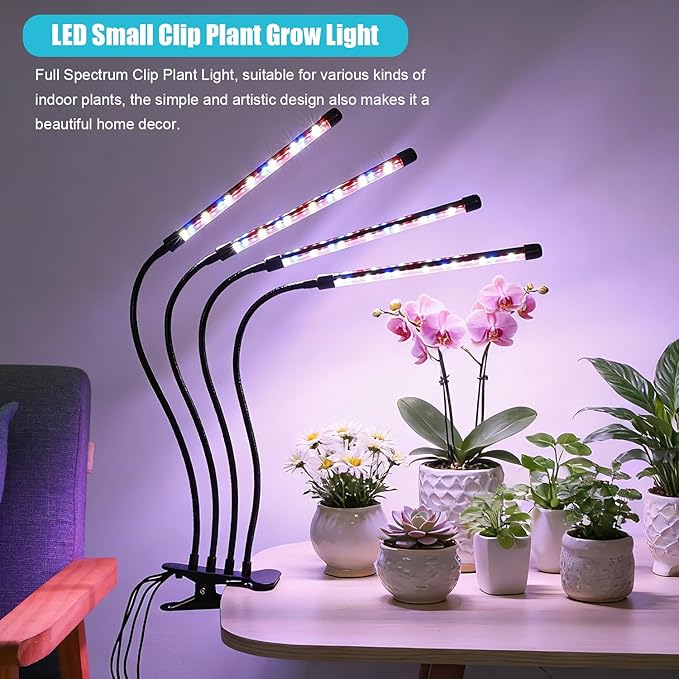 Indoor Plant Grow Light Full Spectrum Clip Plant Lamp 40 LED Beads with Red Blue White Light Plant Growing Light with Gooseneck 4/8/12/18H Timer 10 Brightness Levels 3 Lighting Modes 4 Head