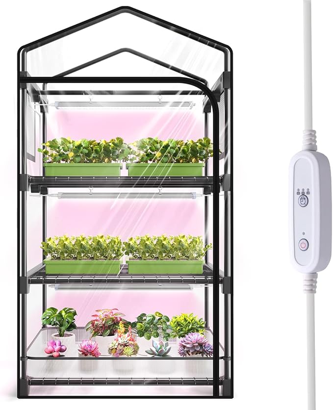 Indoor Greenhouse with Grow Light 3-Tier Plant Stand with PVC Tent Ventilation Window Bottom Pouch 20W Full Spectrum Grow Light with Timer for Seed Starting 27 L x 19 W x 49 H