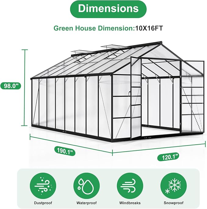 WKM 10x16 FT Greenhouse for Outdoors Walk-in Polycarbonate Greenhouse with Roof Vent and Quick Setup Structure Heavy Duty Green House for Outside Garden Backyard Black