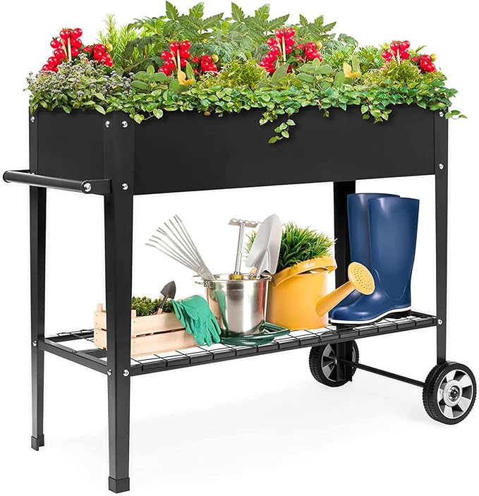 GARFANS Raised Garden Bed Metal Raised Planter Box Outdoor with Legs 2 Wheels and Shelf Elevated Garden Bed Box for Vegetable Indoor Herb Flower Backyard Patio 40 L x 16 W x 31.5 H