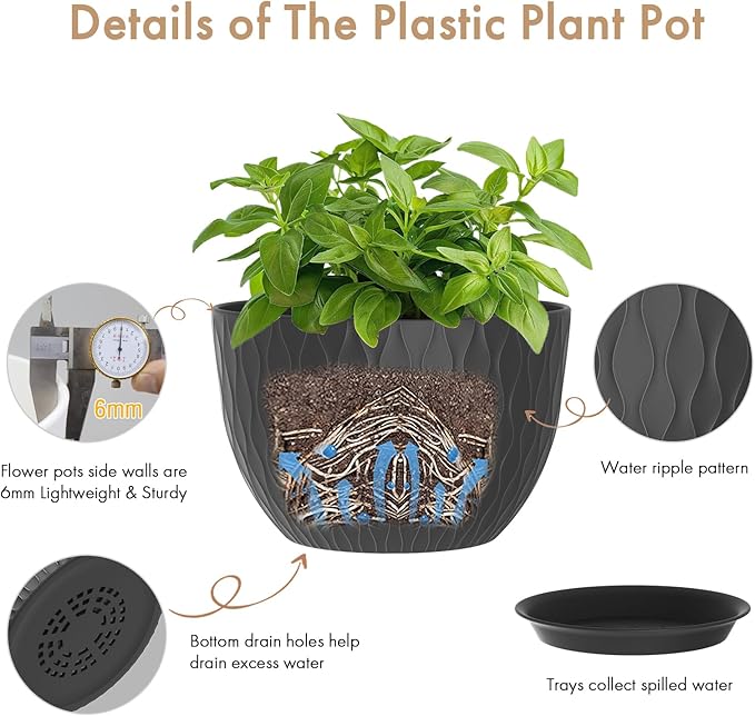 12 Inch Large Plant Pots for Indoor or Outdoor Plants Wide Water Ripples Flower Pots with Drainage Holes &amp Saucer Plastic Planters Set for Garden &amp Home Decor (Black)