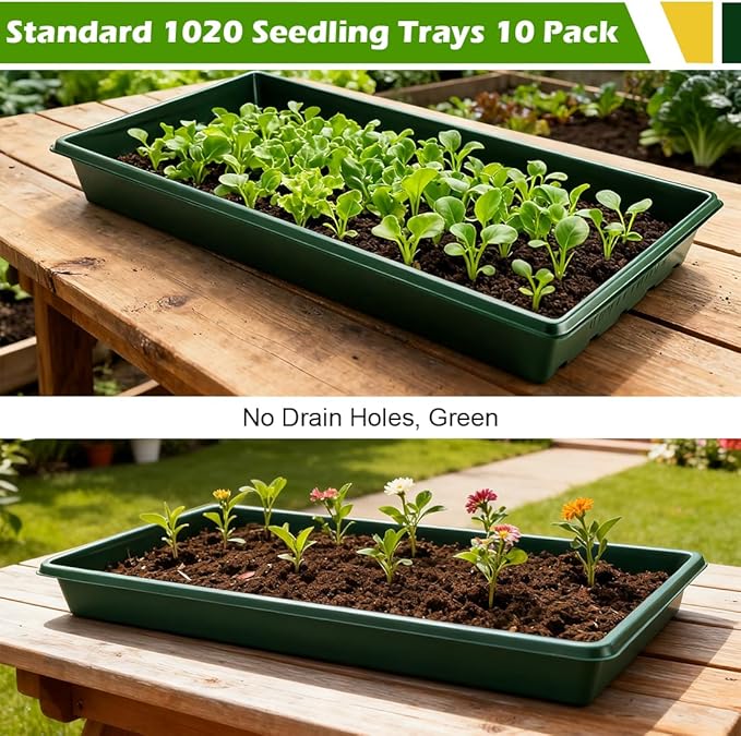 10 Pack 1020 Trays No Holes-Reusable Nursery Flats for 50/72 Cell Plug Tray Heavy Duty Seed Starter Trays for Transplant Seed Starting Plant Propagation &amp Seed Germination (Dark Green)