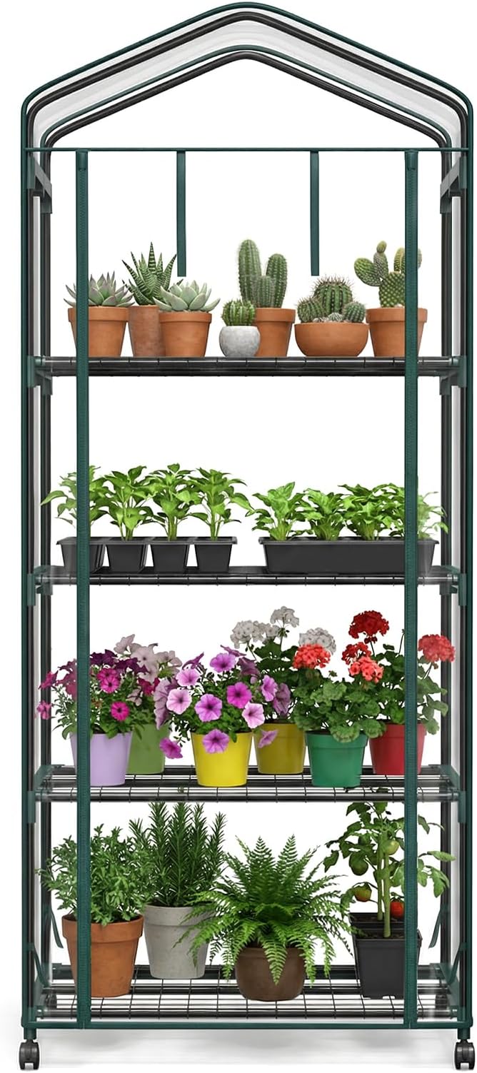 OLIXIS Greenhouse 27×19×63 4 Tier Green House with PVC Cover Roll-Up Zipper Door Wheels Portable Greenhouses for Indoor Outdoor Balcony Porch Garden Patio Backyard Green Houses (Clear)