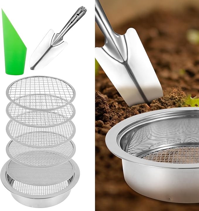 Soil Sifter Garden Sieve Soil Sieve Garden Soil Sifter Compost Sifter Bonsai Soil Sieve Rock Sifter Soil Sifter Fine Screens Shovel Set with 5 Interchangeable Filter Mesh Sizes 1/3/6/9/12mm