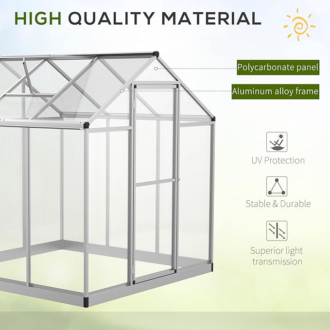 Outsunny 6' x 6' Greenhouse for Outdoors Polycarbonate Greenhouse with Rain Gutter and Roof Vent Aluminum Walk-in Green Houses for Outside Patio Backyard Garden