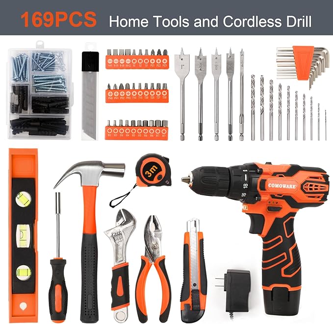 COMOWARE 12V Cordless Drill Set 169Pcs Hand Tool Set with Cordless Drill Driver Complete Repair Tool Kit for Men Storage Bag Ideal for Office Garden Dorm and DIY Project
