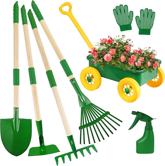 Duckura Kids Gardening Tools Set - 7pcs Wheelbarrow Set Outdoor Toy for Kids with Shovel Rake Leaf Rake Yard Digging Weed Toys Easter Birthday Gifts for Boys Girls Age 2 3+Years Old(Yellow)