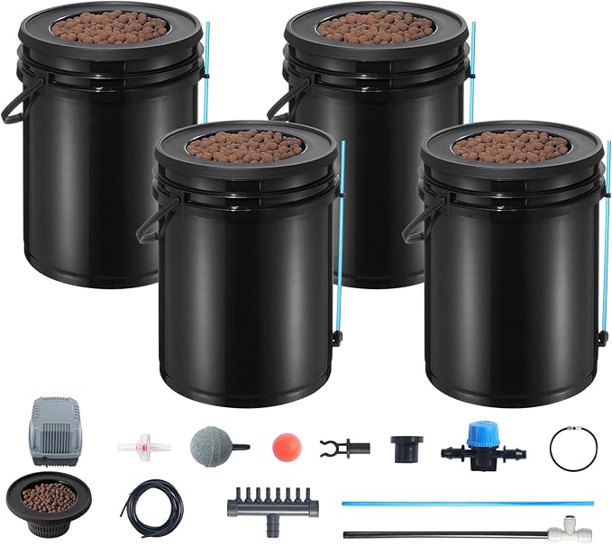 Happybuy DWC Hydroponics Grow System 5-Gallon 4 Buckets Deep Water Culture with Top Drip Kit Air Pump Air Stones Water Level Device for Leafy Vegetables