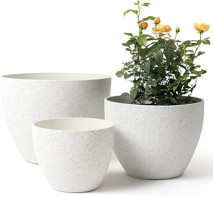 LA JOLIE MUSE 14.2/11.3/8.6 Inch PlantersIndoor/Outdoor White Planters Set of 3Plant Container with Drain HolesFlower Pots for Patio and Deck