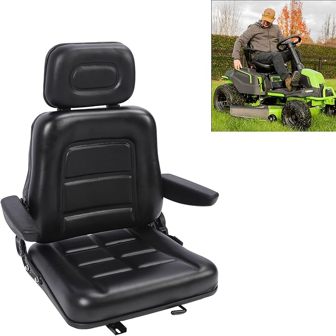 Pongnas Universal Lawn Mower Seat Tractor Seat Forklift Seat with Adjustable 30-180 Degree Tilt Slide Rail for Dumper Skid Loader Telehandler Backhoe Excavator Dozer (With armrest)