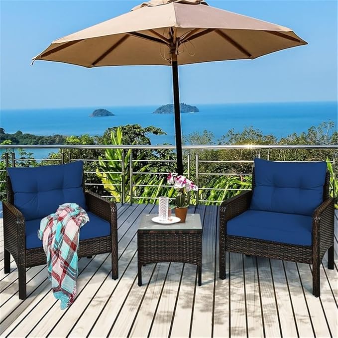 Pemberly Row 3-Piece 26'' Rattan Conversation Set Outdoor Seating Ensemble Built for Casual Comfort and Interaction Navy