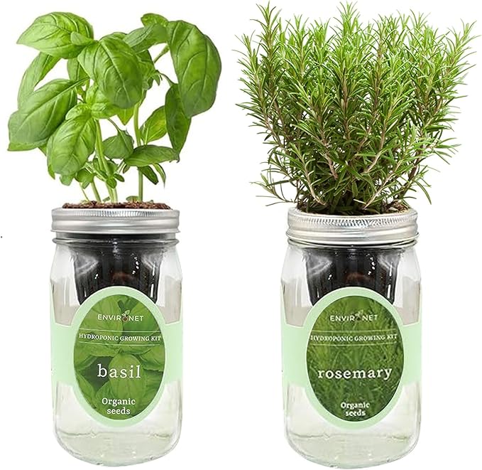 2-Pack Hydroponic Mason Jar Herb Garden Kit Indoor Herb Garden Self-Watering Starter Kit New Christmas Gift for Mom (BasilRosemary)