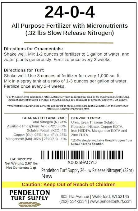 Pendelton Turf Supply 24-0-4 All Purpose Liquid Fertilizer with Micronutrients (50percent Slow Release Nitrogen) (32oz)