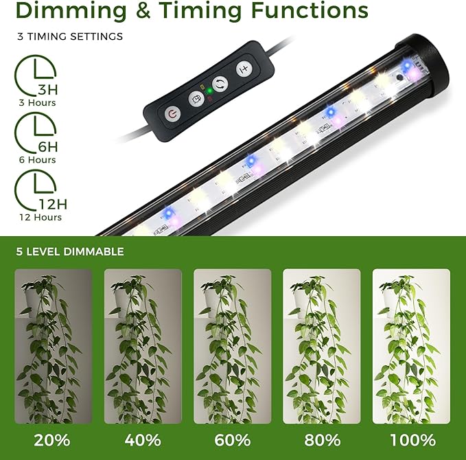 Grow Lights for Indoor Plants with Timer 192 LEDs 42W Vertical Full Spectrum Grow Light 65 Inch Standing Grow Lights 3 Light Modes 5-Level Dimmable Wide Coverage