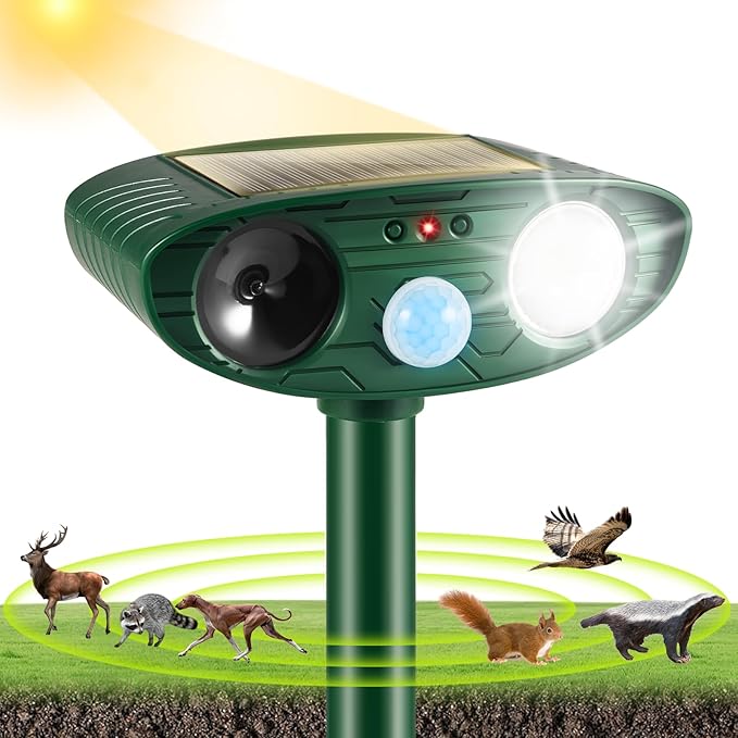 Solar Ultrasonic Animal Repellent Outdoor Cat Repellent Deer Repeller Animal Deterrent Devices for Squirrel Rabbit Raccoon Dog Coyote Rodent Skunk Out of Yard Garden Lawn2 Pack