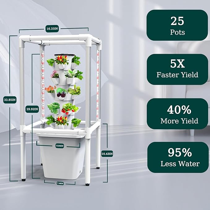 Hydroponics Tower Garden Growing System with LED Grow Lights 25 Pods Vertical Garden Planter Indoor Smart Garden Kit Fruits and Vegetables Aeroponic Tower with Pump and Movable Water Tank