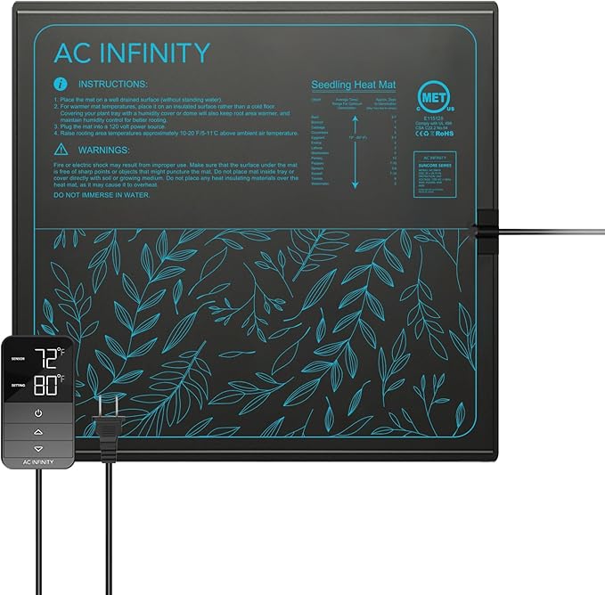AC Infinity SUNCORE H5 Seedling Mat 20” x 20.75” with Digital Thermostat Controller for Exact Temperature Levels Waterproof Heating Pad for Indoor Gardening Hydroponics Germination Cloning