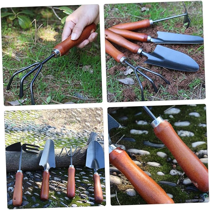 jojofuny 4pcs Garden Tool Set with Small Trowel Narrow Spade Three-Prong Cultivator and Dual-use Hoe Mini Handheld Soil Scoop for Planting Digging and Gardening Tasks