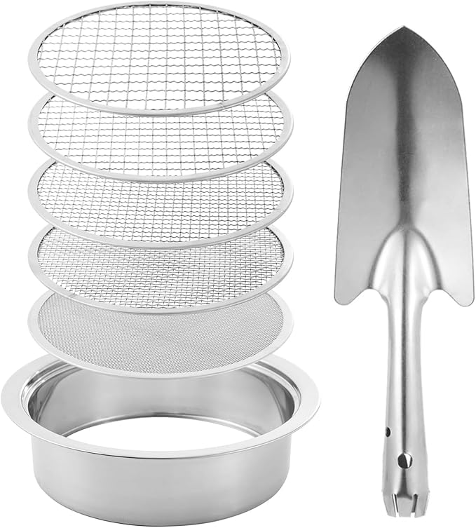 Stainless Soil Sieve Set – 5 Interchangeable Mesh 1 3 6 9 12mm Screens with Shovel | Garden Potted Plant Sifting Tool for Sand Compost Potting Mix Preparation Use