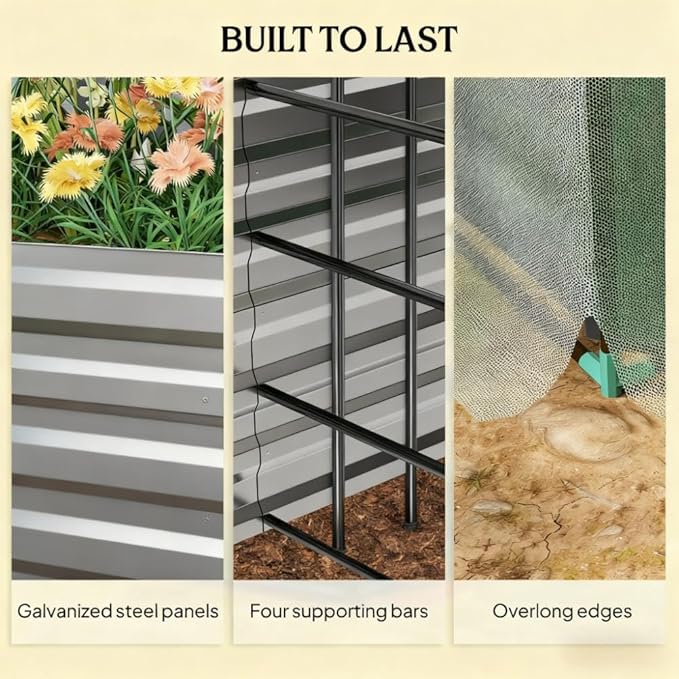 Heavy-Duty Galvanized Steel Raised Garden Bed with Integrated Crop Cage and Adjustable Shade Cloth for Outdoor Vegetable and Flower Growing (Dark Green + HDPE + Steel-1)