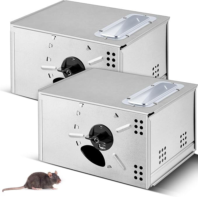 Qualirey 2 Pieces Mousetrap with Clear Lid Multiple Catch Mouse Trap Metal Mouse Trap Box for Indoor Outdoor and Other Scenes Silver 9.25 x 7.2 x 5.39 Inch