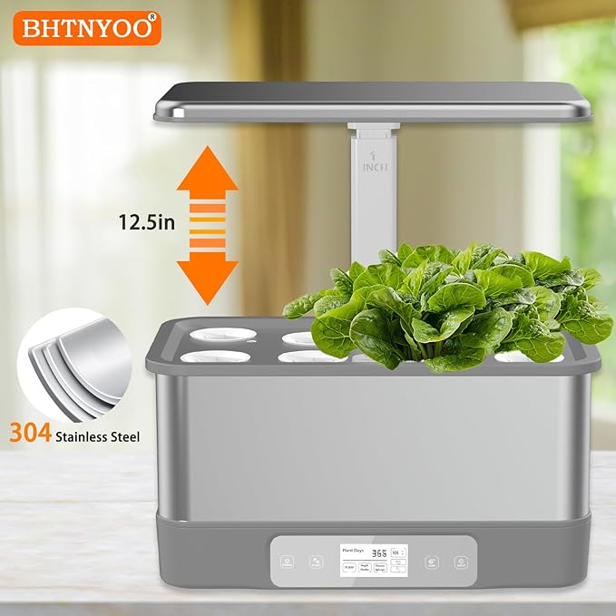 Indoor Herbs GardenWiFi&ampAPP-Hydroponics Growing System KitBHTNYOO/8 Pods Soilless Planting Gardening Boxs with LED Grow LightsWater Pump TimerTimerfor Home(Grey)