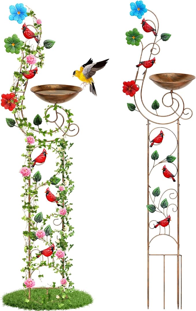 57” Bird Bath with Garden Trellis for Climbing Plants Outdoor Small Decorative Trellises Metal Birdbath Bird Baths 1 Piece (Redbird)