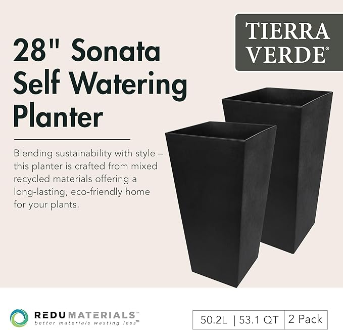 Tierra Verde 2-Pack Indoor &amp Outdoor Self-Watering Square Planters Large Sonata Black - Planter Containers for Plants and Flowers - Gardening and Landscaping Accessories