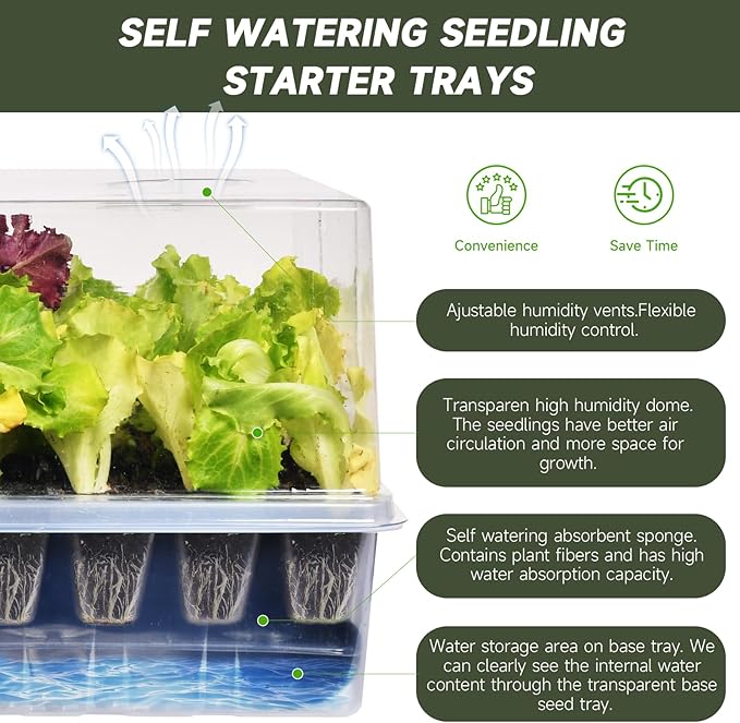 Self-Watering Seed Starter Tray Seed Starter Kit Self Water Germination Trays for Seed Starting with High Humidity Domes (Tray 120 Cells)