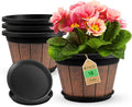 Quarut 4 Pack 10 inch Plant PotsUpgrade Whiskey Barrel Planters with Drainage Holes &amp SaucerPlastic Decoration Flower Pots Retro DesignPlanters for Outdoor Indoor Garden Home Plants (Brown)