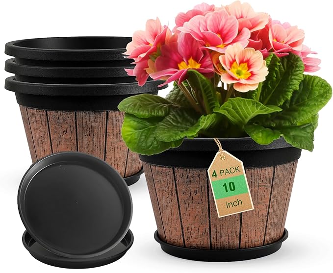 Quarut 4 Pack 10 inch Plant PotsUpgrade Whiskey Barrel Planters with Drainage Holes &amp SaucerPlastic Decoration Flower Pots Retro DesignPlanters for Outdoor Indoor Garden Home Plants (Brown)
