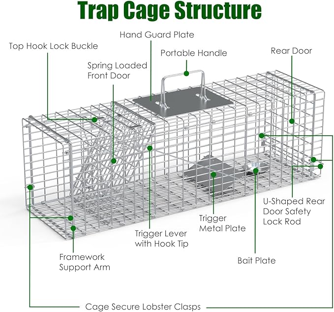 Live Animal Trap Cage 27 Heavy-Duty Folding Catch and Release Steel Humane Cat Trap for Racoons Stray Cats Rabbits Beavers Hedgehogs Chipmunk Small Wildlife Control