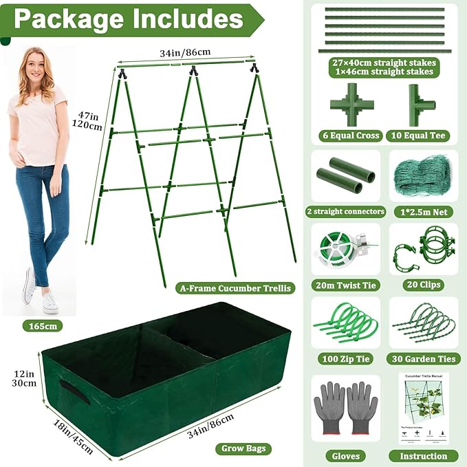 Cucumber Trellis for Garden 34 X 47 Inches A Frame Gardening Trellis with Fabric Raised Garden Bed Climbing Net and Plant Support Clips for Climbing Plants