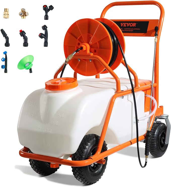 VEVOR Battery Powered 15 Gallon Garden Weed Sprayer with Wheeled Cart 126FT Hose with Reel 8 Nozzles 2 Wands with Lock Trigger 0-90PSI 5-6h Spray Time Wide Mouth Lid Rotating Wheels with Brake