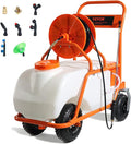 VEVOR Battery Powered 15 Gallon Garden Weed Sprayer with Wheeled Cart 126FT Hose with Reel 8 Nozzles 2 Wands with Lock Trigger 0-90PSI 5-6h Spray Time Wide Mouth Lid Rotating Wheels with Brake