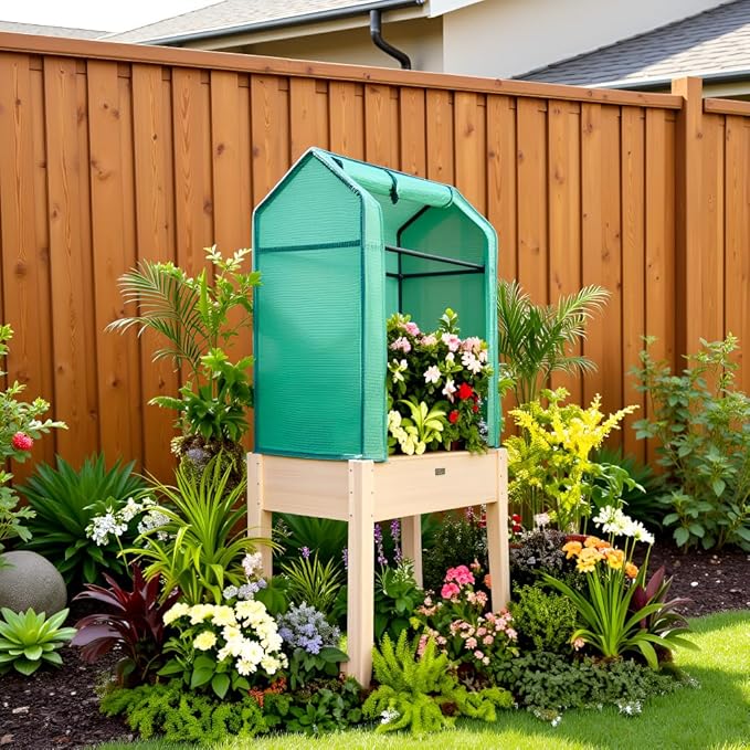 Raised Garden Bed with Greenhouse CoverElevated Wood Planter Box with Legs &amp Non-Woven Liner34 L x18 W x 66 H Indoor Outdoor Gardening Bed for Vegetables Herbs Flowers