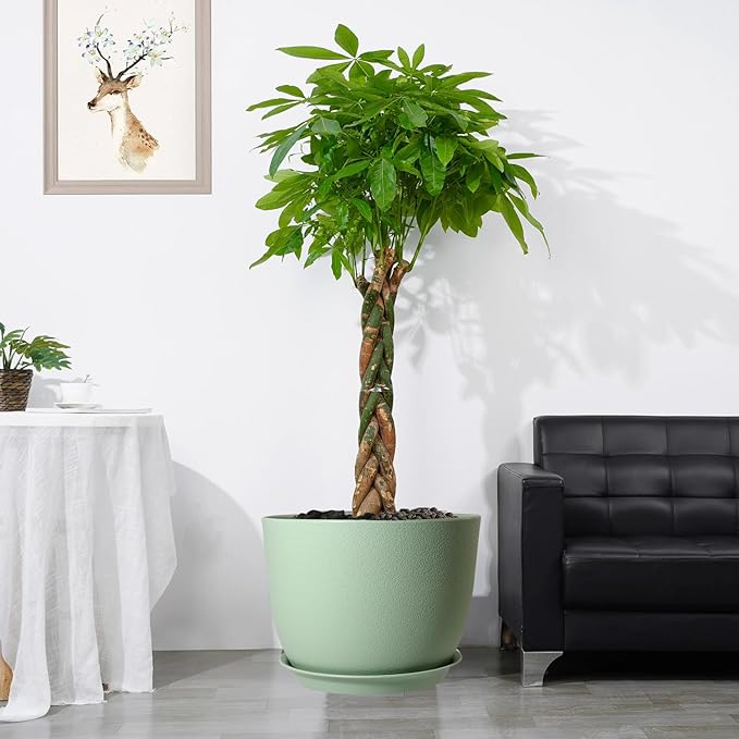 12/10/9 Large Modern Plant Pots Plastic Planters with Drainage Holes and Saucers for Indoor Outdoor Plants Flowers Green