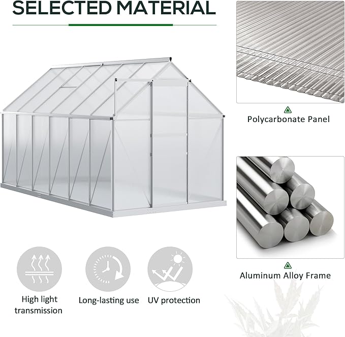 Outsunny 6' x 12' x 6.5' Polycarbonate Greenhouse with Adjustable Roof Vent Walk-in Heavy Duty Green House Kit with Aluminum Frame Sliding Door and Rain Gutter for Winter Silver