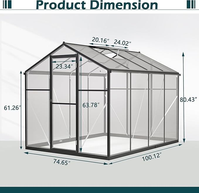 Polycarbonate Greenhouse 6'x8' Upgraded Heavy Duty Aluminum Walk-in Green House for Outdoor Garden with BaseAdjustment Roof VentHinged DoorRain Gutter2 GlovesFree Assembly Tools
