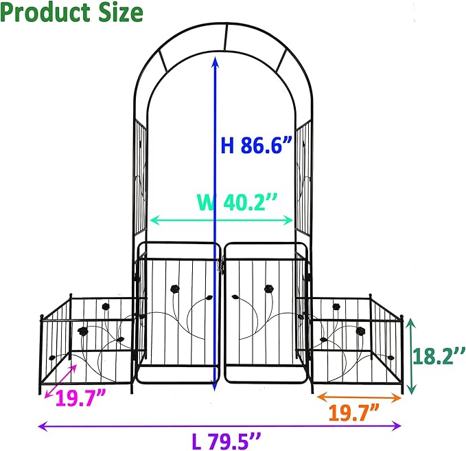 Metal Garden Arch with Double Gate 79.5 Wide x 86.6 High Black Outdoor Rose Trellis Climbing Plants Support Arbor with Side Planter Stands