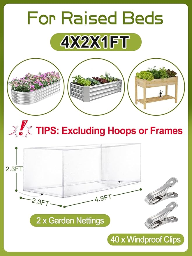 2 pcs Windproof Garden Netting for Raised Beds (4ft L x 2ft W x 1ft H) - 60 Mesh Bird Netting Garden Bed Cover with Drawstring &amp 40 Clips for Vegetables Flowers Excluding Hoops or Frames