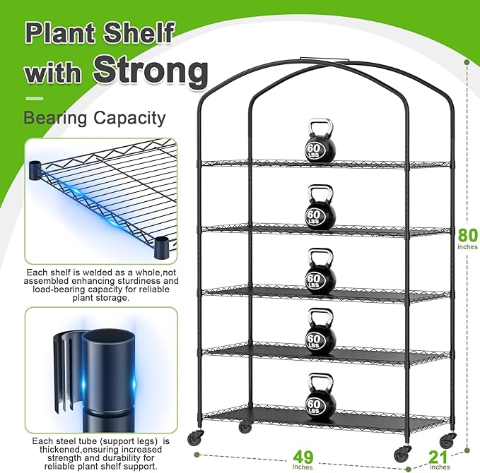 Abimars 5-Tier Greenhouse with Grow Light Shelf Height Adjustable Metal Plant Shelf with PVC Cover and Wheels Includes 5-Pack 2900K Full Spectrum Plant Lights 21x49x80inch