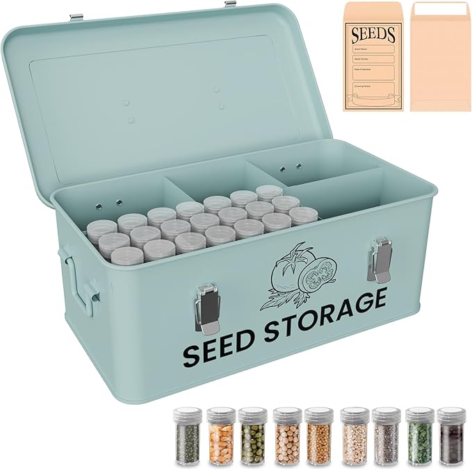 Seed Storage Organizer Box Metal Seed Box Garden Seed Organizer with Lid Seed Containers Storage with 5 Compartments 30 Seed Holder Organizers 100pcs Seed Envelopes (Blue)