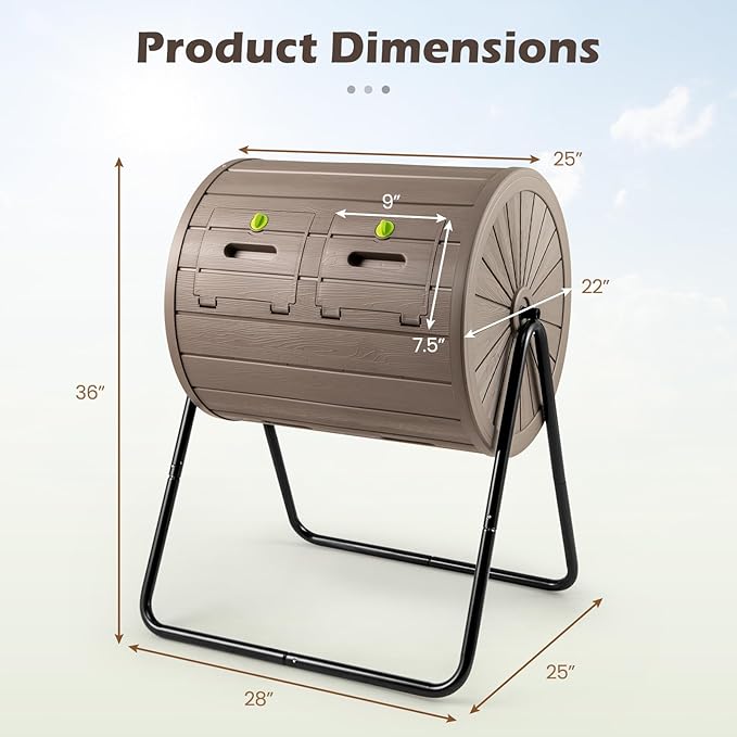 Goplus Compost Tumbler 37.5 Gallon Large Outdoor Compost Bin w/Dual Chambers 2 Lockable Doors Efficient 360° Rotating Batch Composter for Garden Yard Farm Waste Easy Assembly BPA-Free (Coffee)