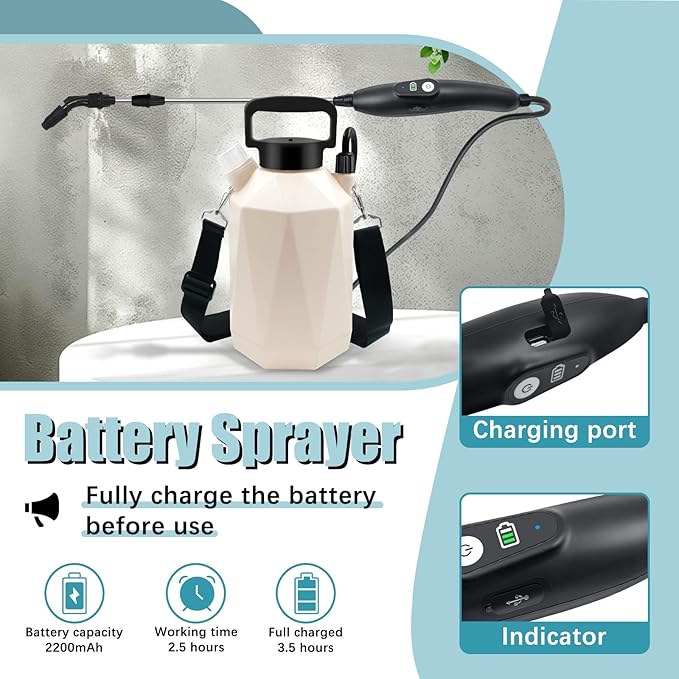 Battery Powered Garden Sprayer 1 Gallon Electric Sprayer in Lawn with USB Rechargeable Handle Retractable Wand 3 Mist Nozzles Yard Water Pump Sprayers with Adjustable Shoulder Strap for Gardening